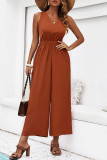Plain V Neck Drawstring Sleeveless Jumpsuit
