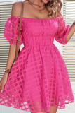 Rose Pink Texture Mesh High Waist Off Shoulder Dress