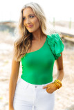 Green Solid Color One Shoulder Ruffle Sleeve Bodysuit