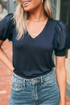Blue Textured Short Puff Sleeve Blouse