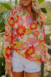 Orange Floral Print Frilled Long Puff Sleeve Blouse