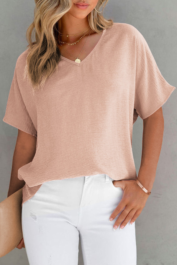 Pink Solid V Neck Short Sleeve Blouse