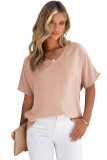 Pink Solid V Neck Short Sleeve Blouse