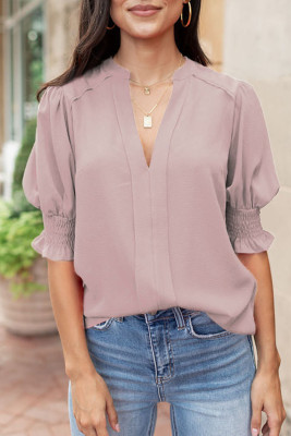 Pink Solid Color Half Sleeve V Neck Blouse