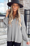 Gray Buttoned V Neck Drop Shoulder Waffle Knit Top