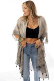 Khaki Printed Border Tassel Trim Slit Kimono