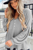 Gray Buttoned V Neck Drop Shoulder Waffle Knit Top