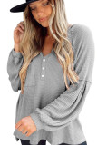 Gray Buttoned V Neck Drop Shoulder Waffle Knit Top