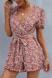 Floral Print V Neck Tie Waist Romper