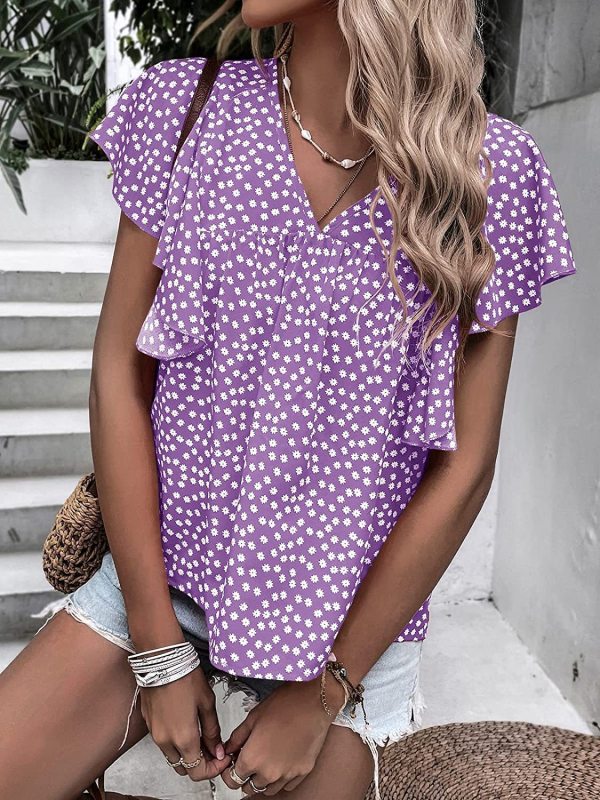 Purple Floral Print Ruffle Sleeve Blouse