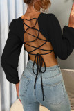 Plain Backless Criss Cross Puff Long Sleeves Top