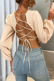 Plain Backless Criss Cross Puff Long Sleeves Top