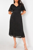 Black Plus Size Lace Flutter Sleeves Flare Midi Dress