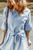 Sky Blue Ruffle Trim Half Sleeve Belted Denim Dress