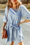 Sky Blue Ruffle Trim Half Sleeve Belted Denim Dress