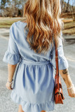 Sky Blue Ruffle Trim Half Sleeve Belted Denim Dress