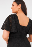 Black Plus Size Lace Flutter Sleeves Flare Midi Dress