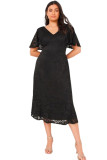 Black Plus Size Lace Flutter Sleeves Flare Midi Dress