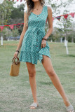 V Neck Buttoned Printed Sleeveless Dress With Sash