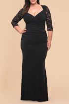 Black Lace Patchwork 3/4 Sleeve Pleated Plus Size Dress