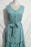 V Neck Buttoned Printed Sleeveless Dress With Sash