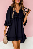 Black Ruffled 3/4 Sleeve V Neck Babydoll Mini Dress