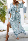 V Neck Half Sleeves Floral Split Dress