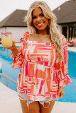 Orange Geometric Print Smocked Square Neck Plus Size Blouse