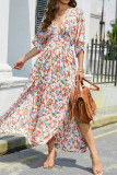 V Neck High Waist Flare Sleeves Split Maxi Floral Dress