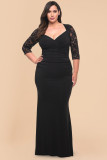 Black Lace Patchwork 3/4 Sleeve Pleated Plus Size Dress