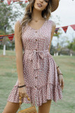 V Neck Buttoned Printed Sleeveless Dress With Sash