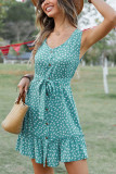 V Neck Buttoned Printed Sleeveless Dress With Sash