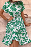 Green Flower Print Dress with Belt