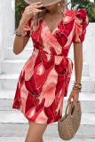 Red Floral V Neck Mini Dress