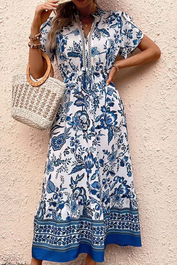 Blue Flower Print Splicing Long Dress