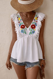 White Flower Embroidery Pom Pom Top