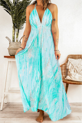 Green Tie Dye Print Lace-up Halter Open Back V Neck Maxi Dress