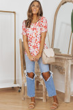 Rose Floral Ruffle Bubble Sleeve Blouse