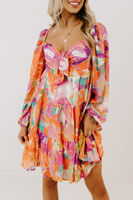 Orange Abstract Print Lace-up Sweetheart Neck Smocked Mini Dress