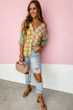 Yellow Mixed Plaid Long Sleeve V Neck Buttoned Shirt