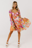 Orange Abstract Print Lace-up Sweetheart Neck Smocked Mini Dress