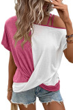 Rose Asymmetric Colorblock Strappy Cold Shoulder Twist Hem Top