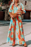Multicolor Bohemian Tie Dye Pleated Shirt Collar Loose Jumpsuit