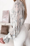 White Floral Tie Neck Long Sleeve Crinkle Blouse
