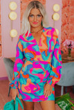 Multicolor Abstract Print Wrap V Neck Puff Sleeve Dress