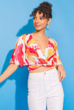 Multicolor Abstract Print V Neck Twist Front Cropped Blouse