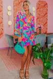 Multicolor Abstract Print Wrap V Neck Puff Sleeve Dress