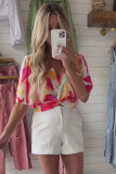 Multicolor Abstract Print V Neck Twist Front Cropped Blouse