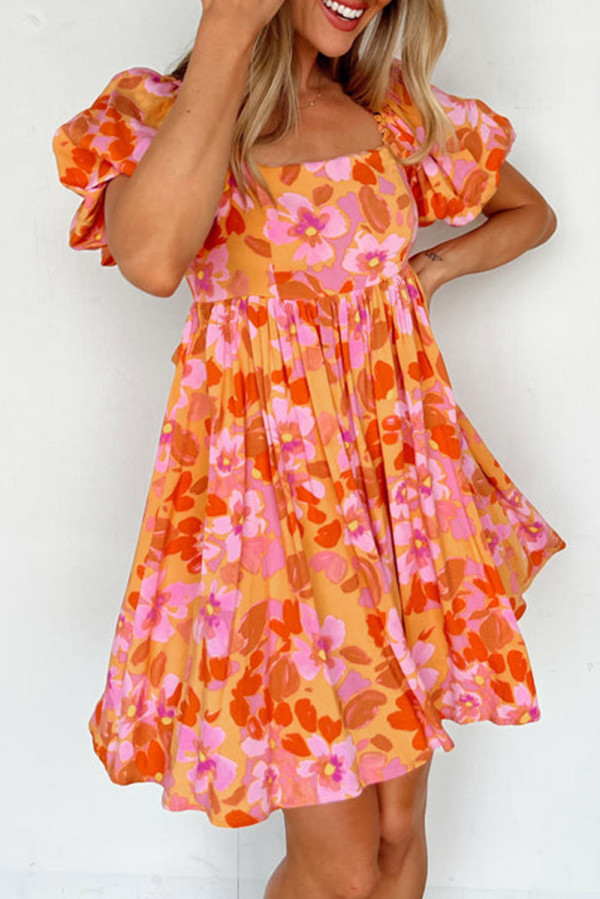 Orange Puff Sleeve Bow Knot Open Back Floral Mini Dress
