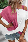 Rose Asymmetric Colorblock Strappy Cold Shoulder Twist Hem Top